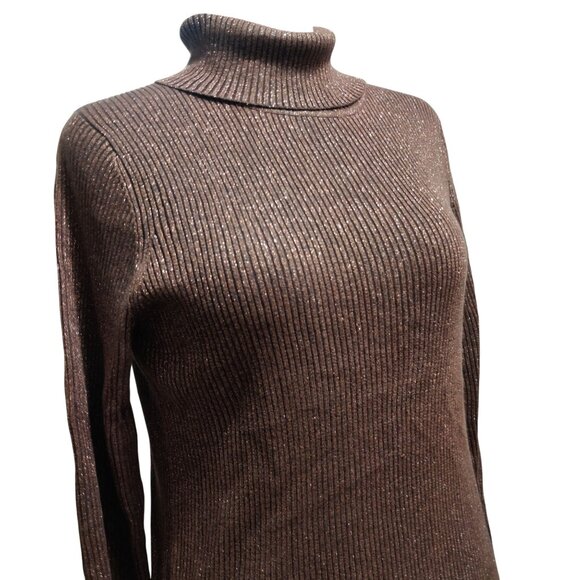 Once Again XL Metallic Brown Ribbed Mock Neck Sweater Shimmer Top Vintage Y2K - Picture 2 of 7